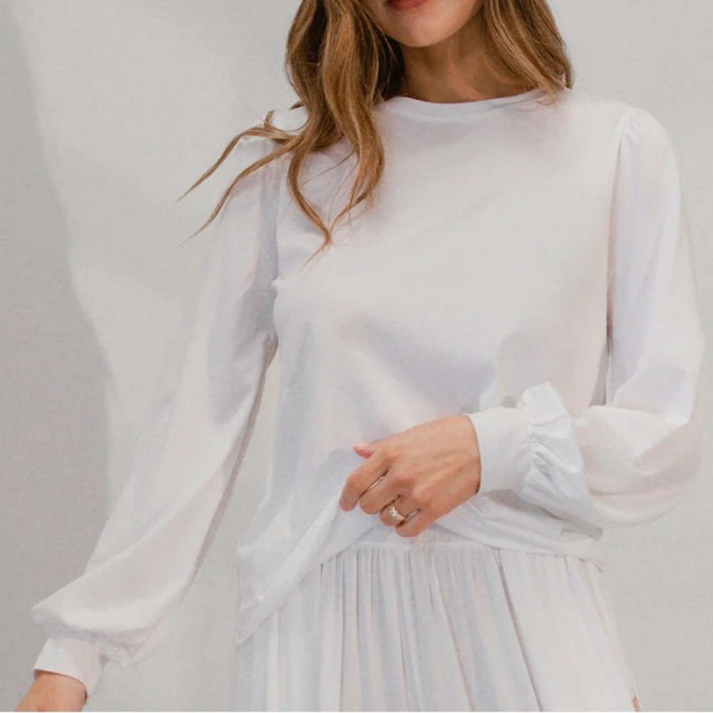 LUNYA Pima cotton long sleeve puff sleeve top (L) in WHITE